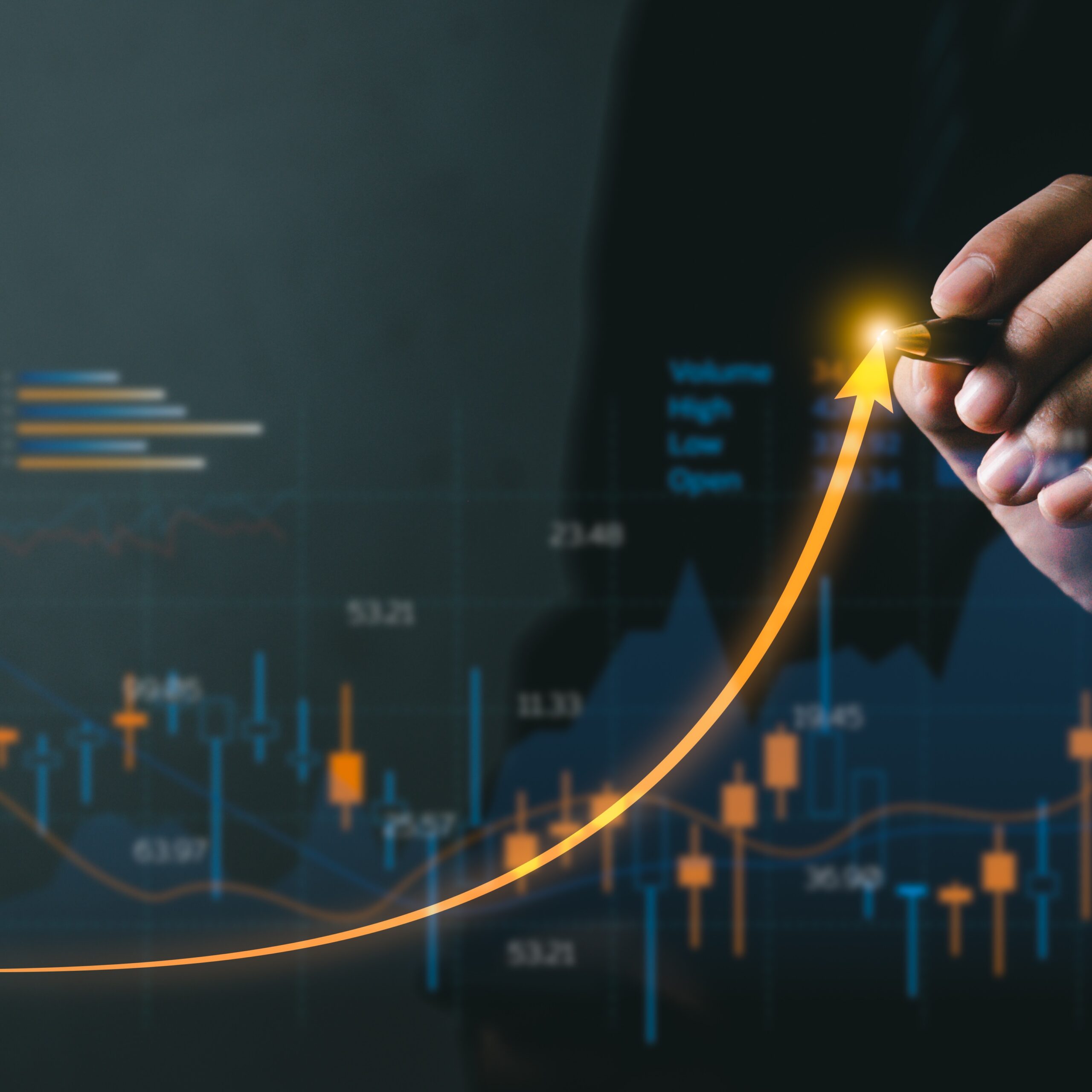 Businessman point increase arrow graph corporate future growth. Planning goal target challenge and business strategy finance investment development concept.
